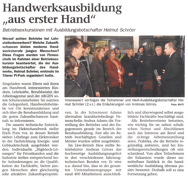Presseartikel über den Besuch des Ausbildungsbotschafters Helmut Schröer bei Schreinerei Adams in Trier